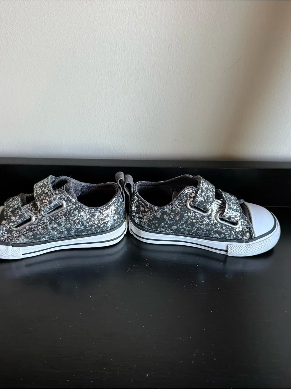 Converse All Star Infant 5 Metallic Glitter Velcro Sneakers Black Silver